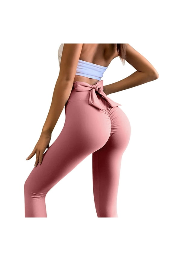 Womens High Waisted Yoga Pants Back Bow-Knot Tie Workout Leggings Ruched Butt Lift Stretch Sport Tights Pink L