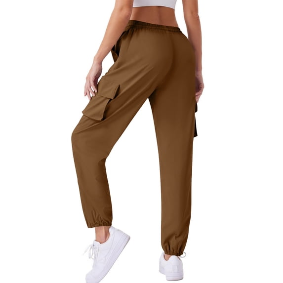 XFLWAM Womens Hiking Pants Lightweight Quick Dry Adjustable Cargo Joggers with Zippered Pockets Brown M