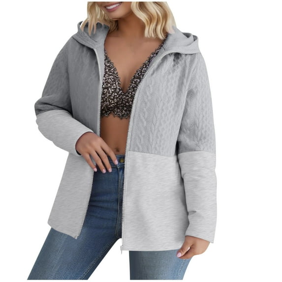 XFLWAM Womens Hoodie Jacket Color Block Jacquard Long Sleeve Jackets Full Zip Up Plus Size Fall Winter Coat Outwear Gray XL