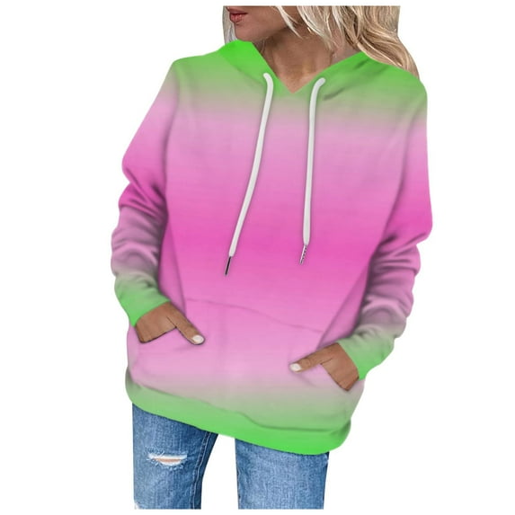 XFLWAM Womens Hoodie Sweatshirts Tie Dye Lightweight Long Sleeve Drawstring Pullover Tops with Pockets 2022 Spring Fall Tops Green-Pink L