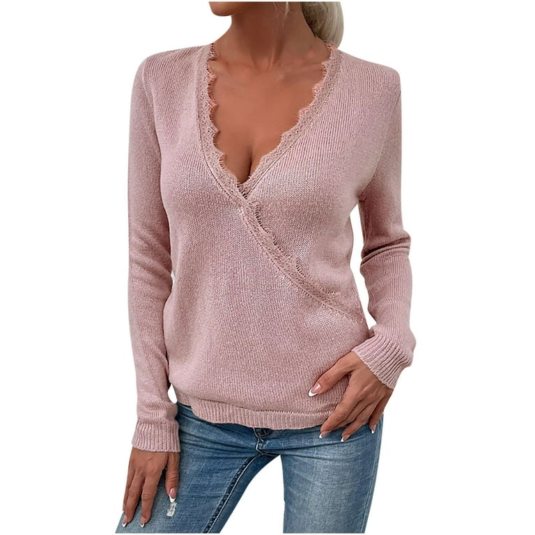 XFLWAM Womens Knitted Deep V-Neck Lace Trim Long Sleeve Wrap Front