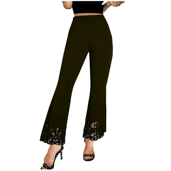 XFLWAM Womens Lace Crochet Flare Pants Casual High Waisted Business Dress Suit Pants Hollow Out Yoga Pants Leggings Wide Leg Trousers Army Green M