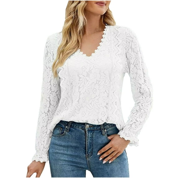 XFLWAM Womens Lace Dressy Tops Long Sleeve V Neck Shirts Crochet LAce Sexy Casual Fall Blouses White XL