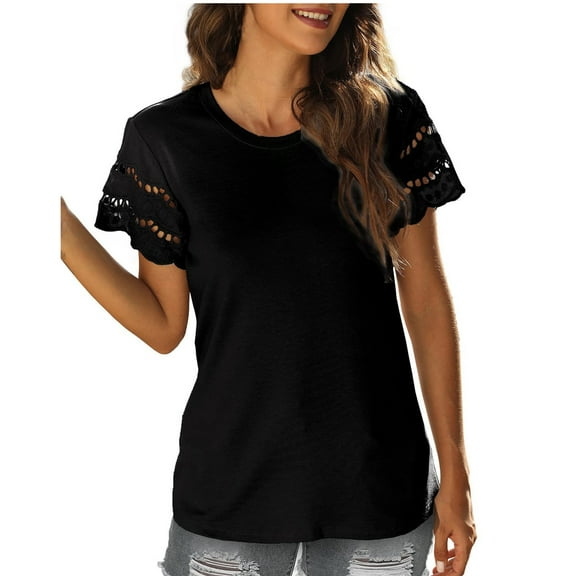 XFLWAM Womens Lace Short Sleeve T Shirts Crew Neck Summer Tops Solid Color Loose Casual Tee Shirt Black L
