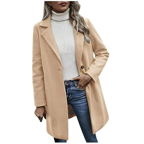 XFLWAM Women's Wool Coats Classic Lapel Collar Slim Trench Coats Open Front Cardigan Jackets Fashion Outerwears Beige XXL