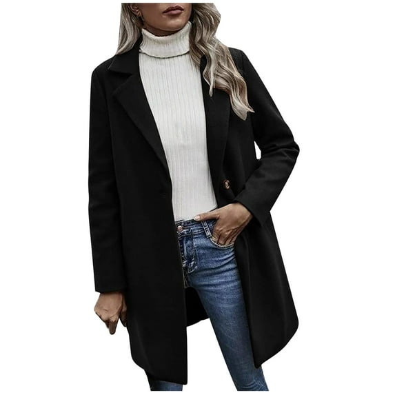 XFLWAM Womens Lapel Collar Double Breasted Pea Coat Winter Wool Blend Overcoats Long Jackets Solid Color Trench Coat Black L