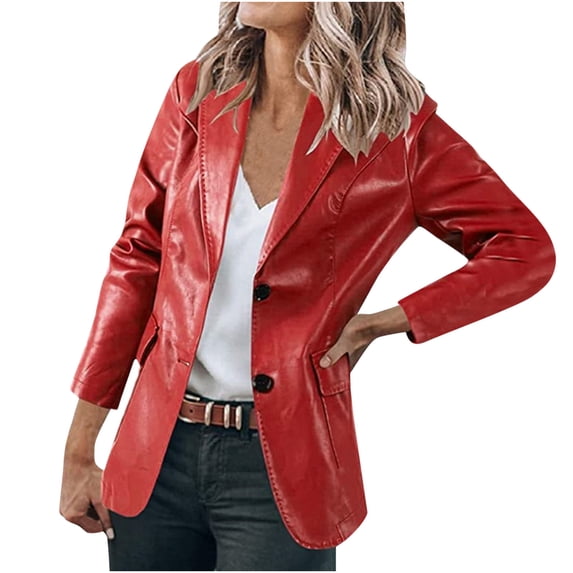 XFLWAM Womens Leather Blazer Jackets Long Sleeve Lapel Jacket Button Front Trench Coat Red S