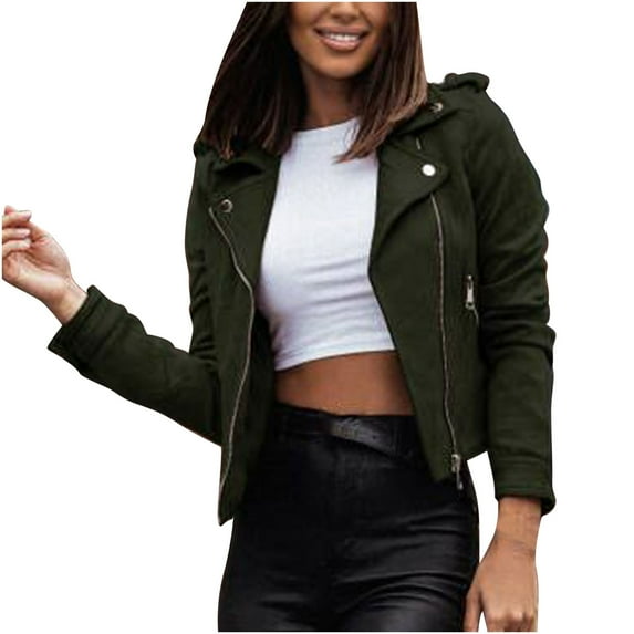 XFLWAM Womens Leather Jacket Faux Zip Up Classical Jackets Long Sleeve Plus Size Cropped Motorcycle Outwear Coat Green S