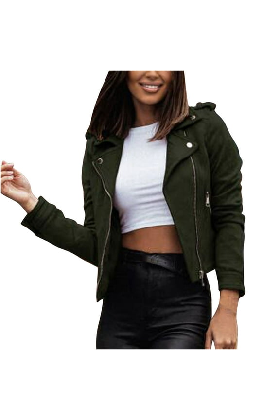 Womens Leather Jacket Faux Zip Up Classical Jackets Long Sleeve Plus Size Cropped Motorcycle Outwear Coat Green XL