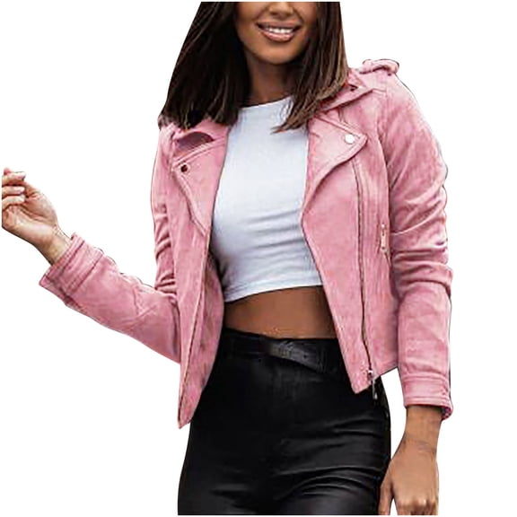 XFLWAM Womens Leather Jacket Faux Zip Up Classical Jackets Long Sleeve Plus Size Cropped Motorcycle Outwear Coat Pink S