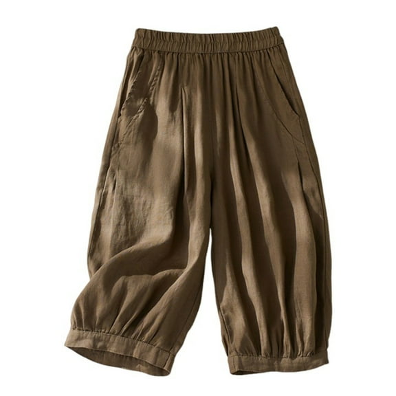 XFLWAM Womens Linen Cotton Shorts Summer Casual Short Pants Capris High Elastic Waist Pants Loose Fit Trendy Beach Lounge Pants