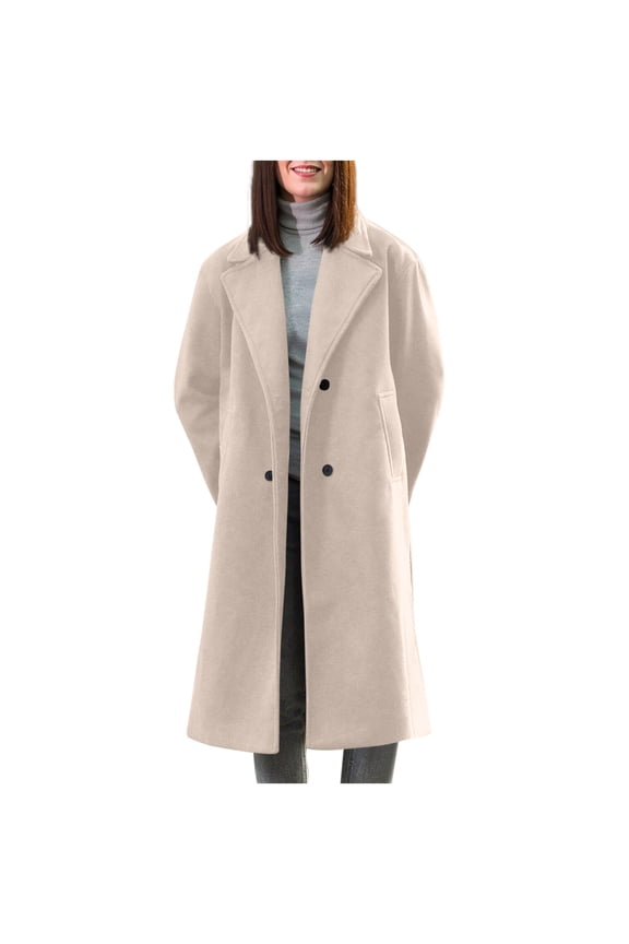 Womens Long Pea Coat Notch Lapel Double Breasted Trench Coat Fall Winter Jacket Open Front Cardigan Overcoat with Pockets Khaki S