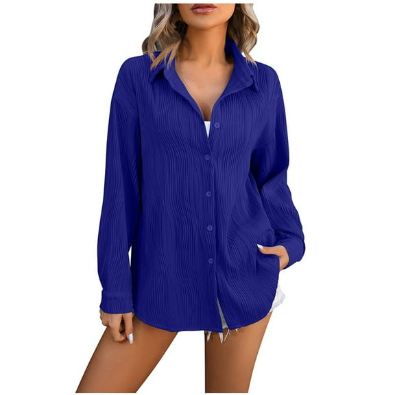 XFLWAM Womens Long Sleeve Button Down Shirts Casual Stretchy Loose Fit Solid Color Dress Shirt Textured Tops Blouse Blue L