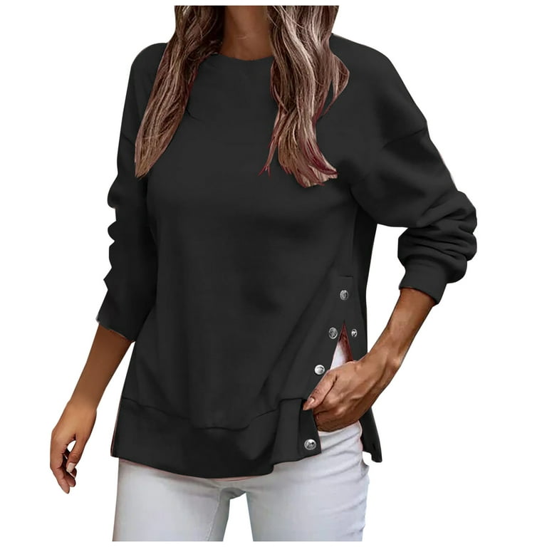XFLWAM Womens Long Sleeve Crewneck Pullover Sweatshirt Loose Fit Basic  Solid Color Side Split Pullover Tops Black S 