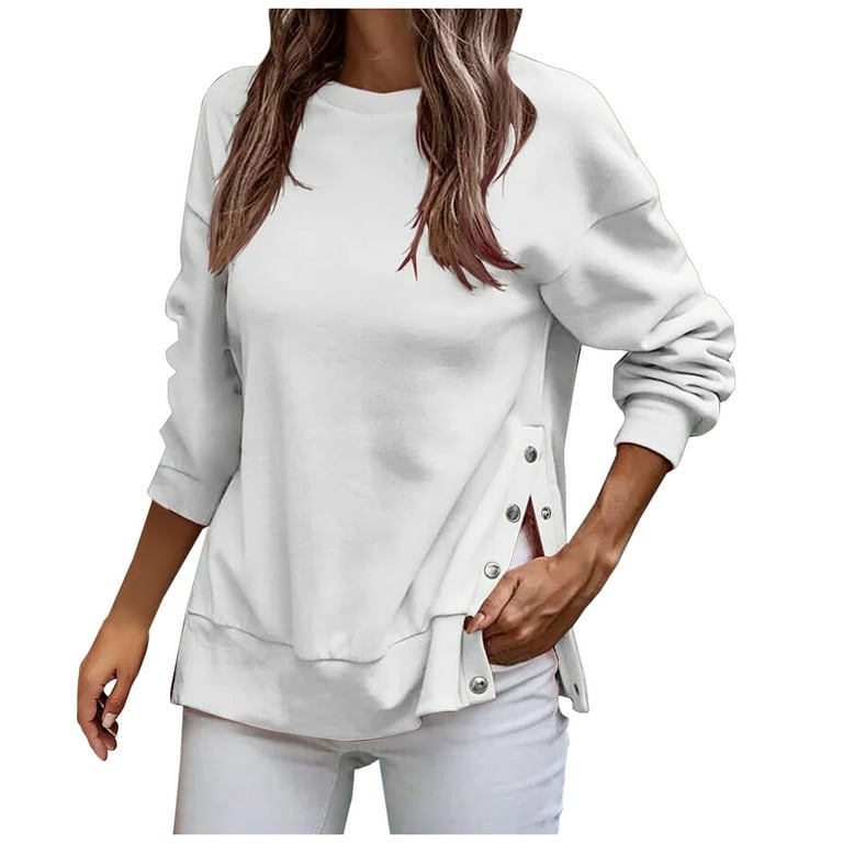 XFLWAM Womens Long Sleeve Crewneck Pullover Sweatshirt Loose Fit Basic  Solid Color Side Split Pullover Tops White XL