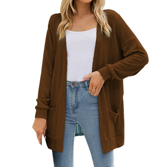XFLWAM Womens Long Sleeve Open Front Cable Knit Cardigans Lightweight Solid Color Sweater Coat with Pockets Brown XXL