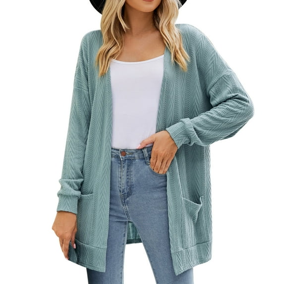 XFLWAM Womens Long Sleeve Open Front Cable Knit Cardigans Lightweight Solid Color Sweater Coat with Pockets Green L