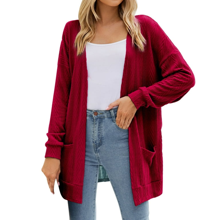 XFLWAM Womens Long Sleeve Open Front Cable Knit Cardigans Lightweight Solid Color Sweater Coat with Pockets Wine Red M