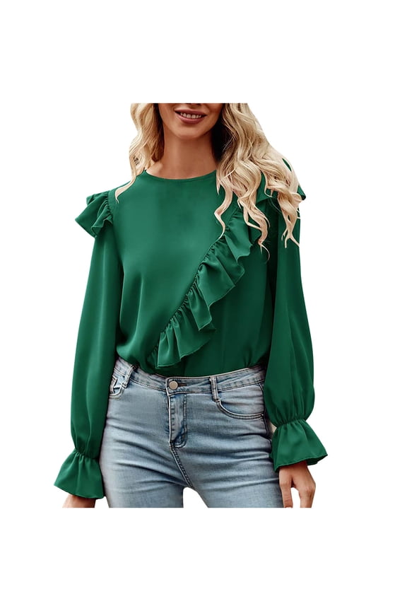 Womens Long Sleeve Ruffle Bubble Sleeve Tops Casual Loose Shirts Blouses Green M