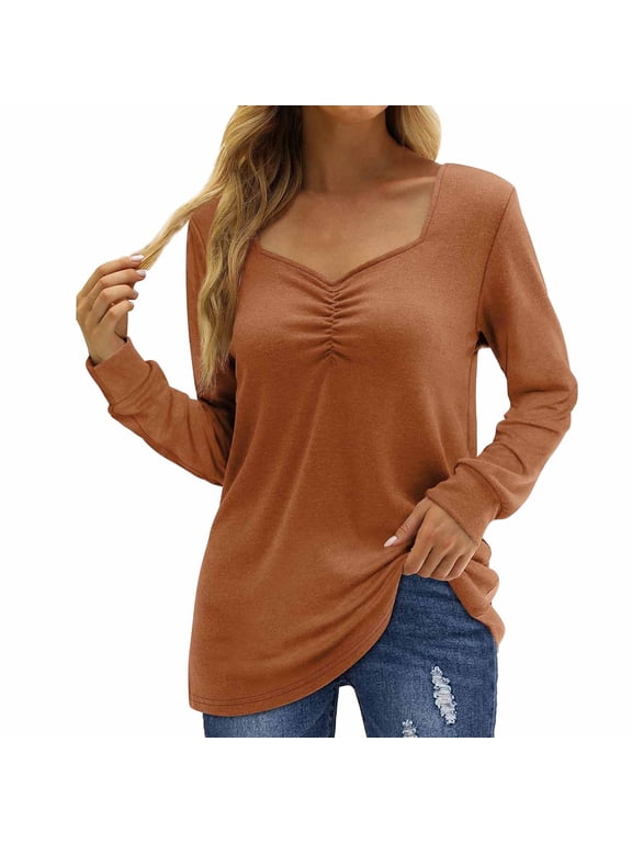 Womens Long Sleeve Shirts Sweetheart Neck Tunic Tops Trendy Fall Clothes Orange M