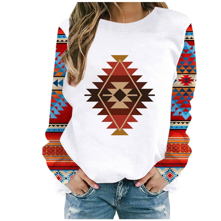 XFLWAM Womens Long Sleeve Shirts Western Aztec Print Fit Pullover