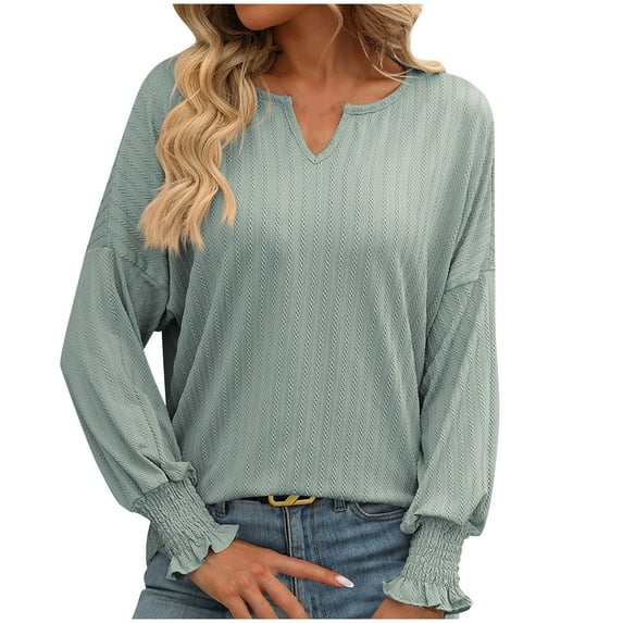 XFLWAM Womens Long Sleeve Smocked Cuff Pullover Tops Notched V Neck Loose Fit T Shirt Solid Color Casual Dressy Work Business Blouse Green M