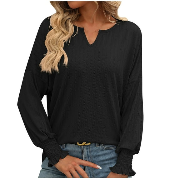 XFLWAM Womens Long Sleeve Smocked Cuff Pullover Tops Notched V Neck Loose Fit T Shirt Solid Color Casual Dressy Work Business Blouse L