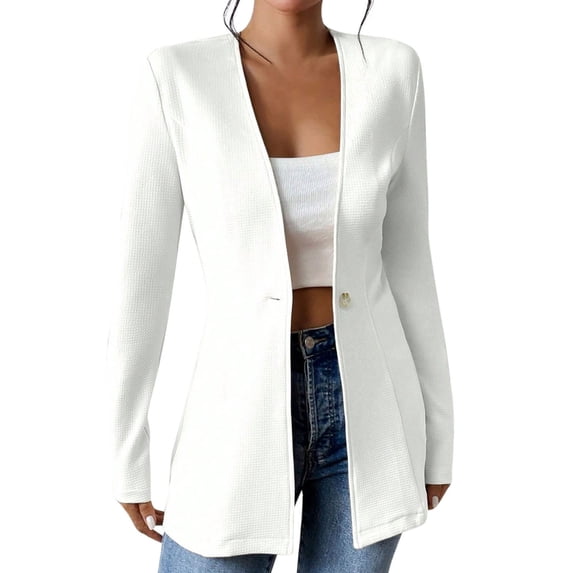 XFLWAM Womens Long Sleeve Suit Jackets Fall Dressy V Neck Button Blazer Cardigan Comfy Solid Color Business Slim Fit Coats White XXL