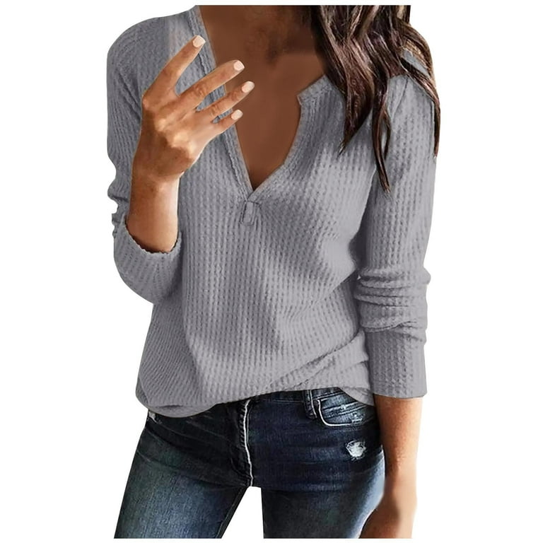XFLWAM Womens Long Sleeve T Shirt V Neck Loose Fit Soft Waffle Knit Thermal  Tops Gray S 