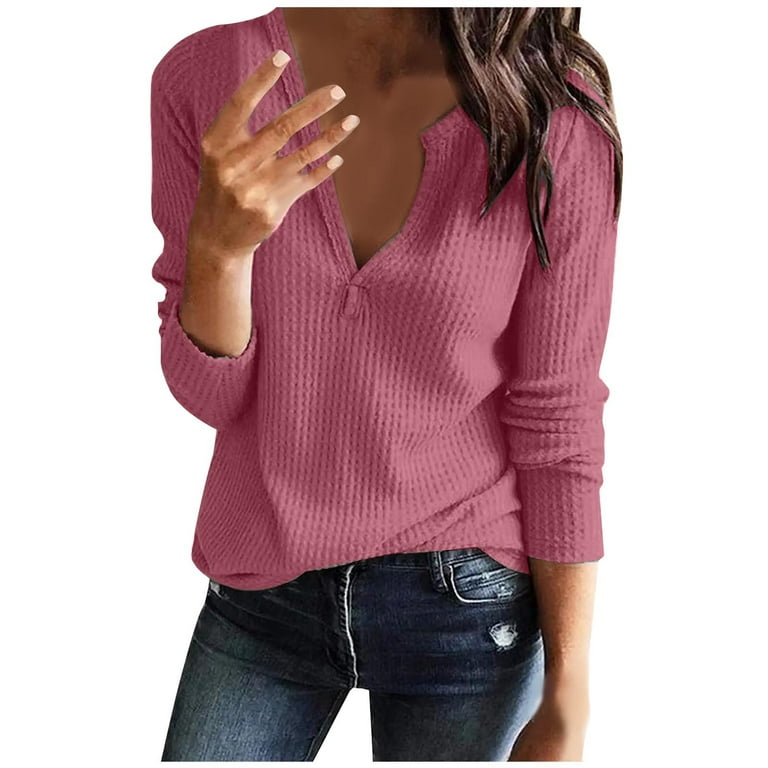 XFLWAM Womens Long Sleeve T Shirt V Neck Loose Fit Soft Waffle Knit Thermal  Tops Hot Pink M 