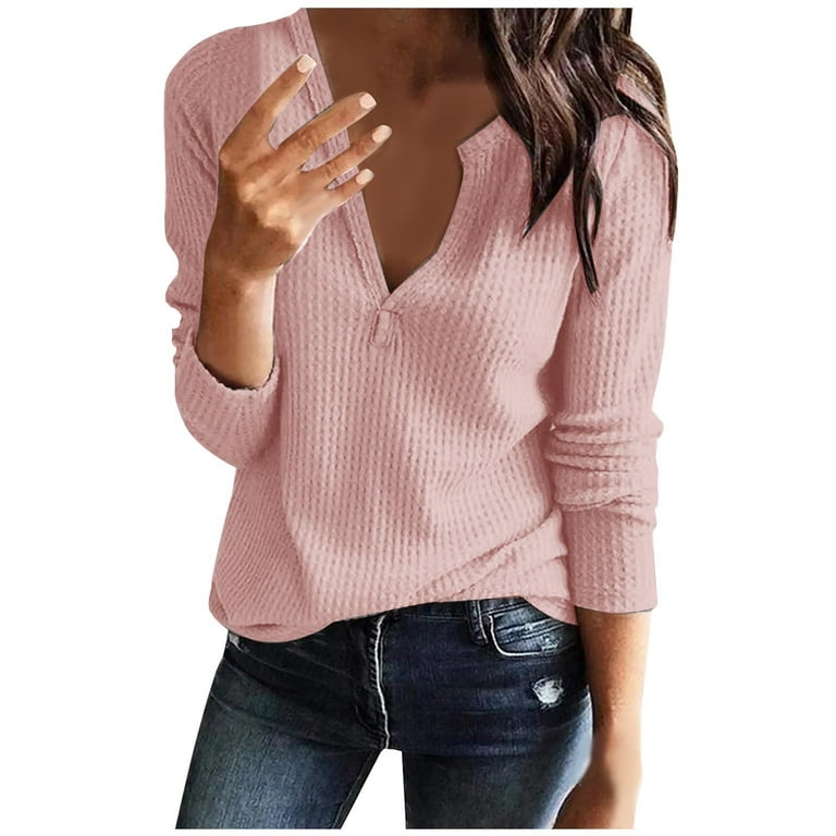 XFLWAM Womens Long Sleeve T Shirt V Neck Loose Fit Soft Waffle Knit Thermal  Tops Pink XL