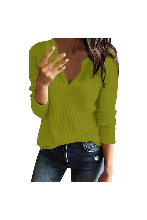 Womens Long Sleeve T Shirt V Neck Loose Fit Soft Waffle Knit Thermal Tops