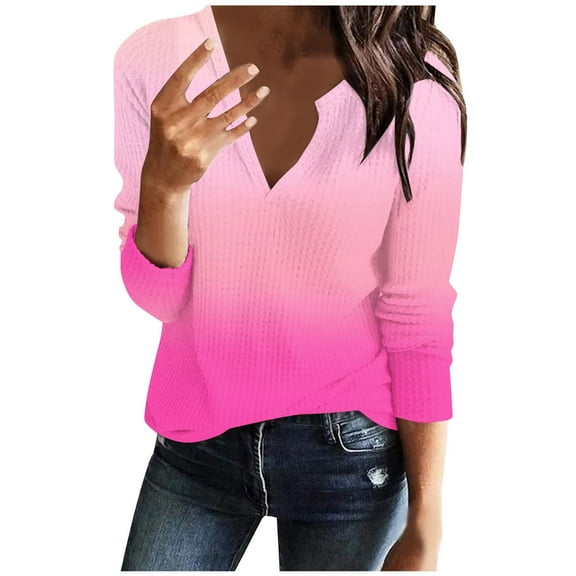 XFLWAM Womens Long Sleeve T Shirt V Neck Loose Fit Soft Waffle Knit Thermal Tops