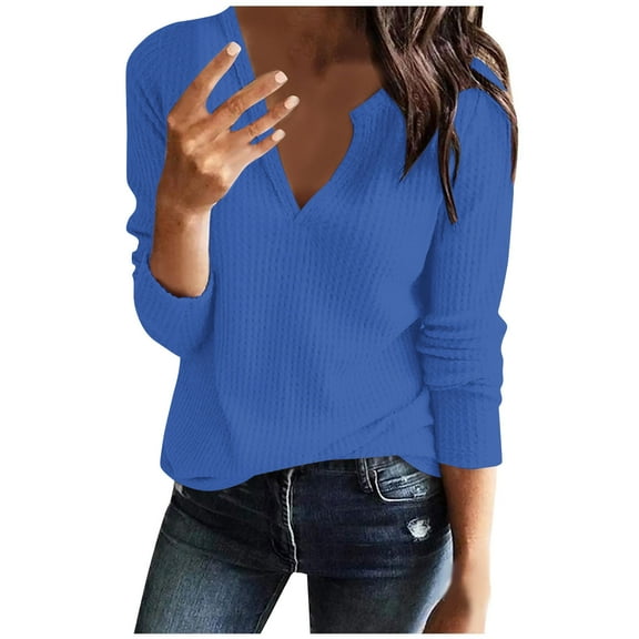 XFLWAM Womens Long Sleeve T Shirt V Neck Loose Fit Soft Waffle Knit Thermal Tops