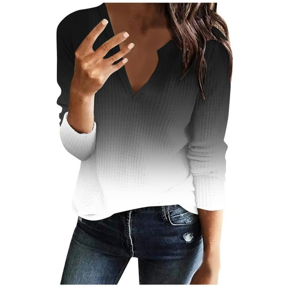 XFLWAM Womens Long Sleeve T Shirt V Neck Loose Fit Soft Waffle Knit Thermal Tops