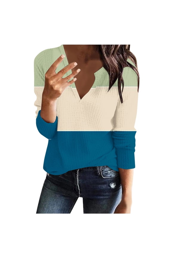 Womens Long Sleeve T Shirt V Neck Loose Fit Soft Waffle Knit Thermal Tops