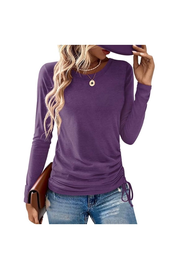 Womens Long Sleeve T Shirts Crewneck Side Drawstring Ruched Tops Casual Slim Fitted Office Work Business Shirts Trendy Clothes