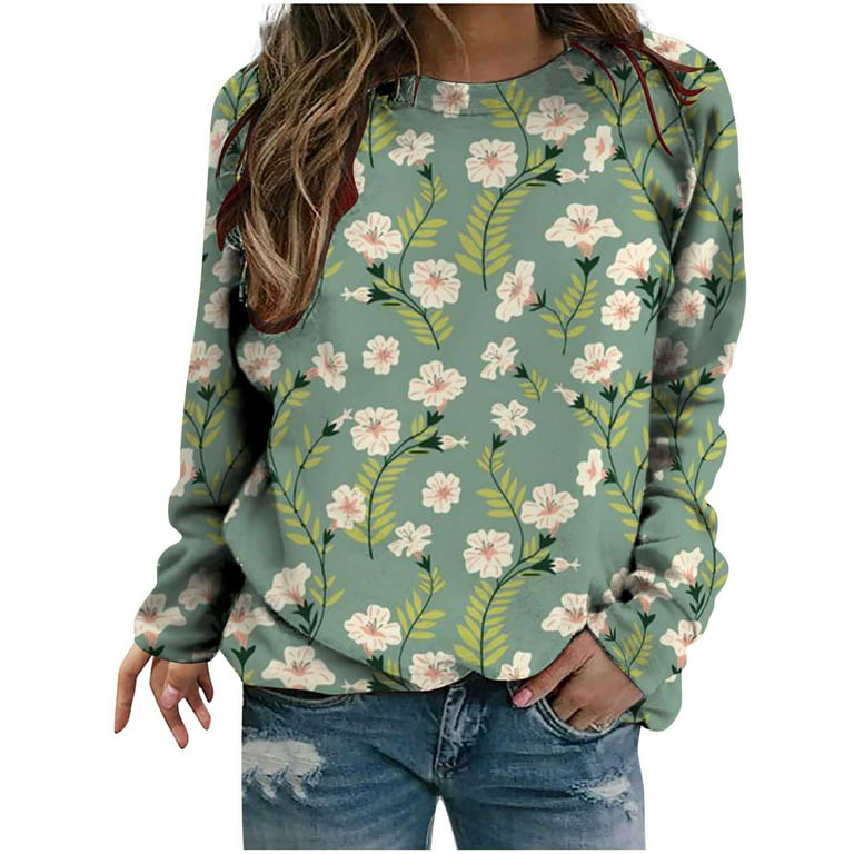XFLWAM Womens Long Sleeve Tops Shirts Dressy Casual V Neck Floral Print  Graphic Tee Cute Holiday Blouses Pullover Green XL 