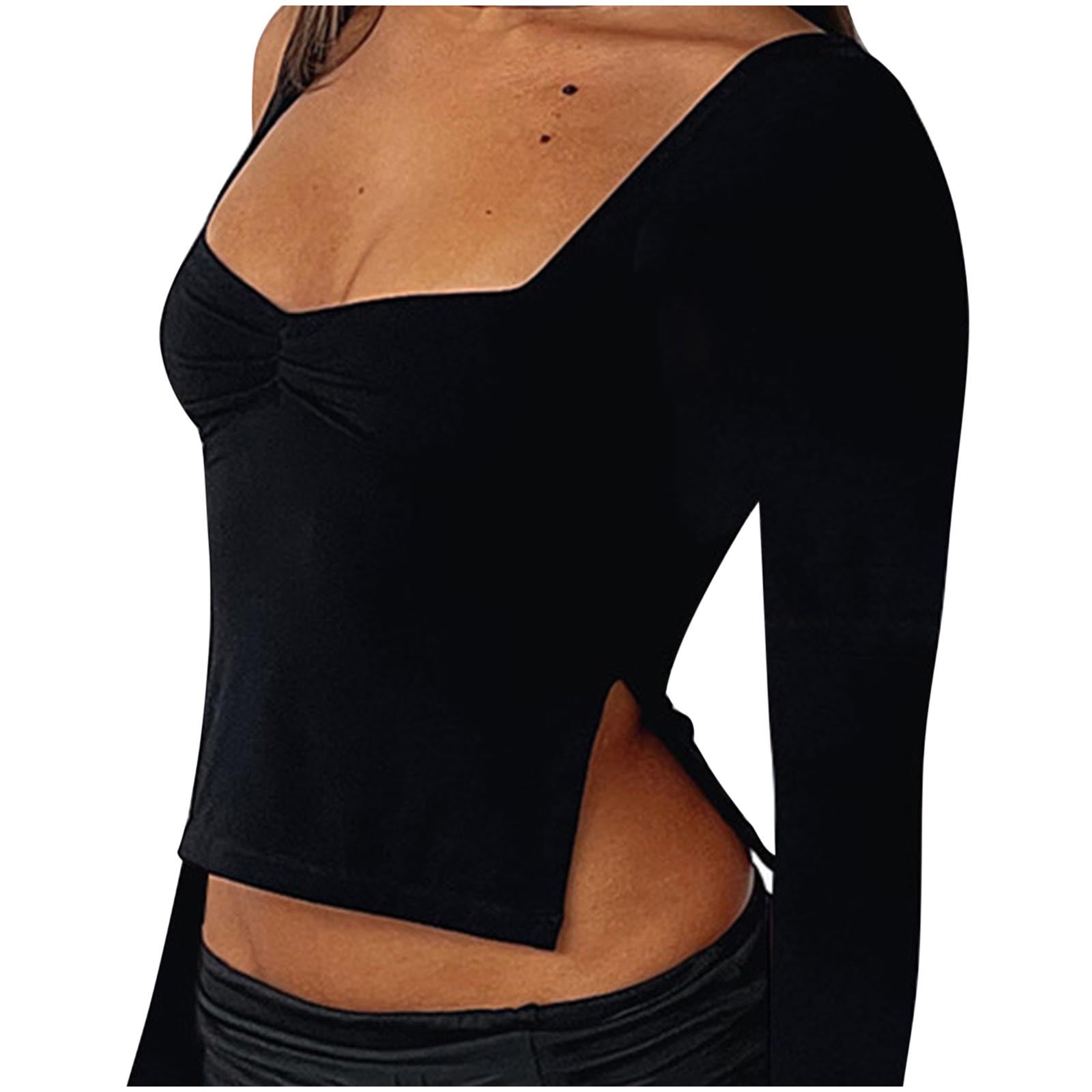 Women Knit Long Sleeve Crop Top Square Neck U-Shaped Hem Solid Slim Fitted  T-Shirt Top Y2K Streetwear, Black, Small : : Clothing, Shoes &  Accessories