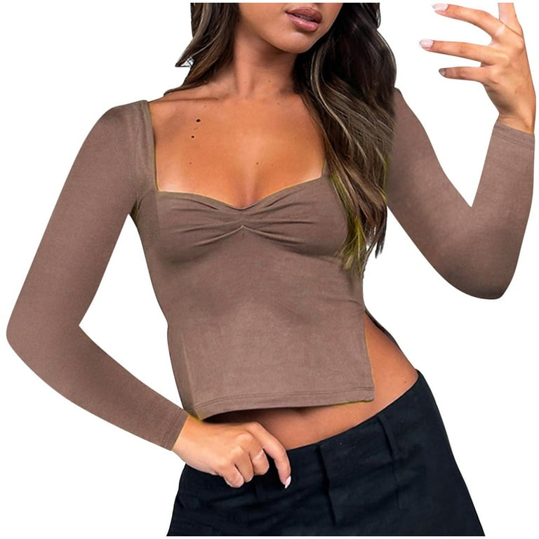 XFLWAM Womens Long Sleeve Y2K Tops Ruched Front Square Neck Skinny Shirts  Solid Color Side Split Crop Top Brown S