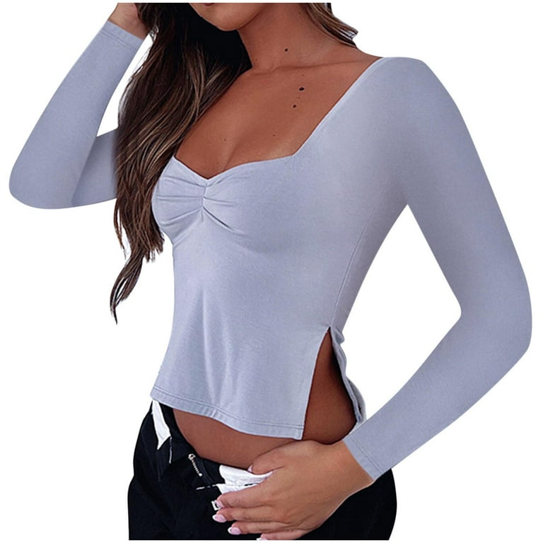XFLWAM Womens Long Sleeve Y2K Tops Ruched Front Square Neck Skinny Shirts  Solid Color Side Split Crop Top Gray L 