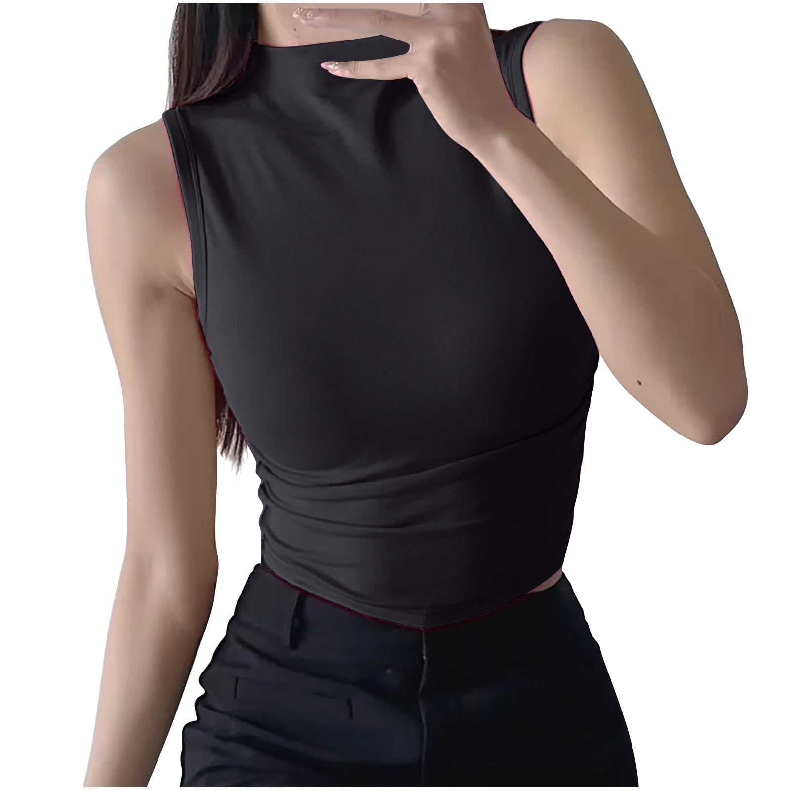 XFLWAM Womens Mock Neck Crop Tops Side Ruched Slim Fitted Tank Top
