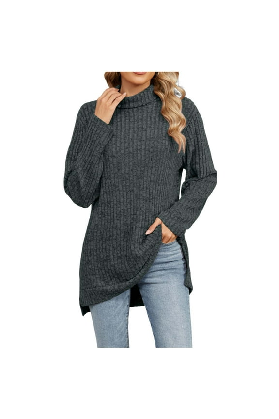 Womens Mock Neck Sweatshirt Long Sleeve Side Split Ribbed Knit Tops Turtleneck High Low Lightweight Pullover Top Army Green L