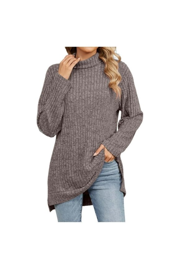 Womens Mock Neck Sweatshirt Long Sleeve Side Split Ribbed Knit Tops Turtleneck High Low Lightweight Pullover Top Gray S