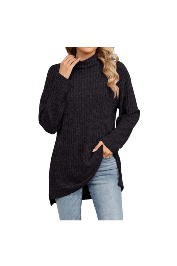 Womens Mock Neck Sweatshirt Long Sleeve Side Split Ribbed Knit Tops Turtleneck High Low Lightweight Pullover Top M