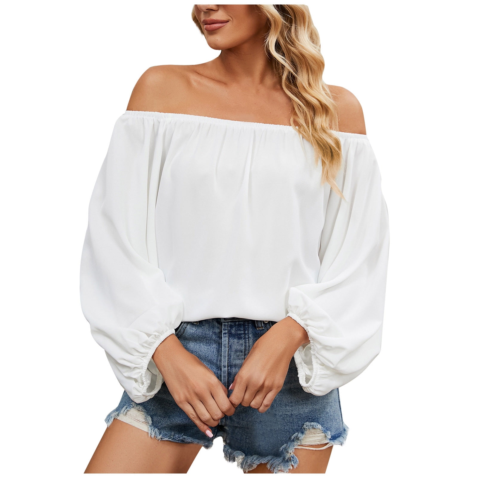 Sexy Off Shoulder Black And White Color Matching Lantern Sleeve Shirt