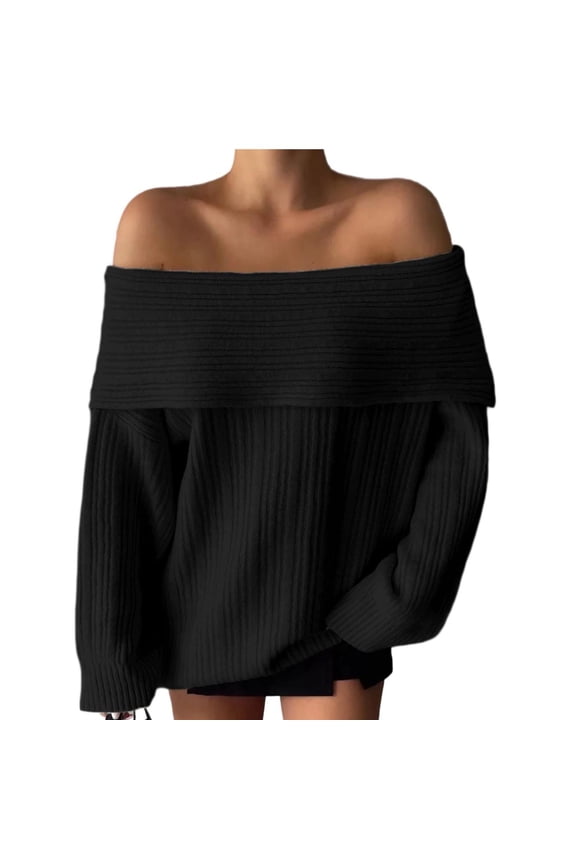 Womens Off The Shoulder Sweater Folded Over Long Sleeve Pullover Tops Dressy Chunky Ribbed Knit Slim Fit Sweaters