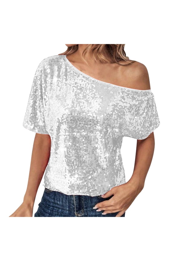 Womens One Shoulder Sequin Tops Sparkly Glitter Short Sleeve T Shirts Dressy Party Casual Cocktail Evening Blouse