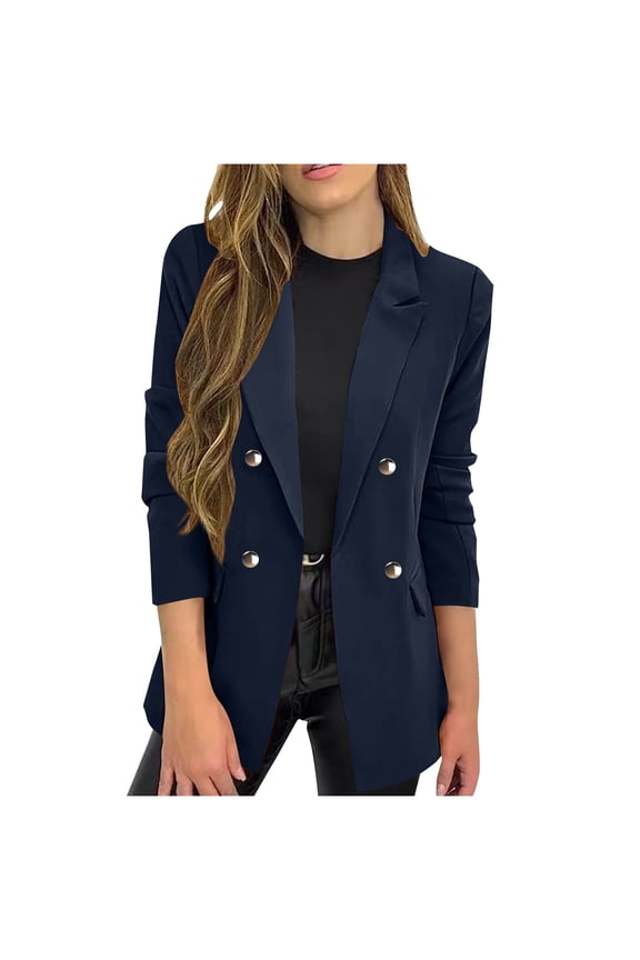 Womens Open Front Notch Lapel Blazer Double Breasted Back Slit Suit Jackets Office Business Work Slim Blazers with Pockets Dark Blue S