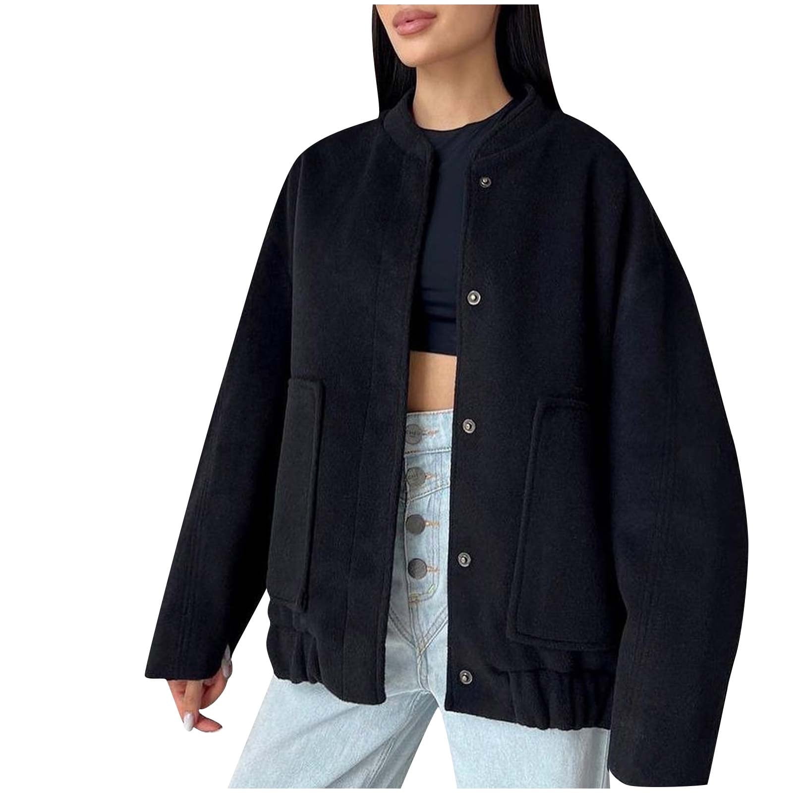 XFLWAM Womens Oversized Bomber Jackets Wool Blend Button XFLWAM Womens Oversized Bomber Jackets Wool Blend Button
